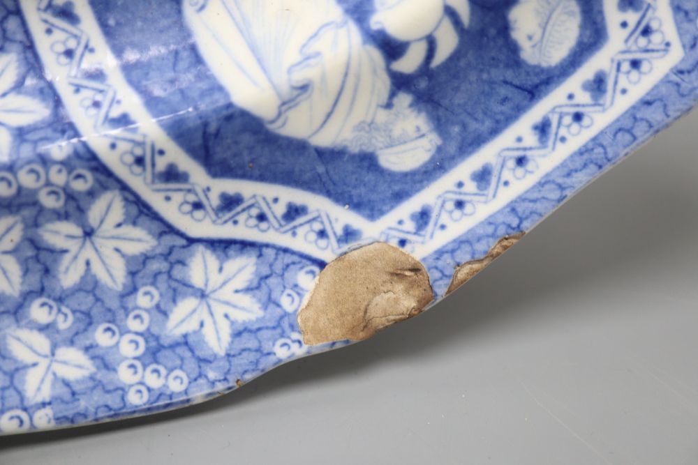 A Victorian blue and white meat plate, depicting scenes from Greek mythology, length 41cm